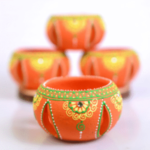 Handmade Terracotta Jali Round Diya Tea Light T-Light Holder (Orange) - Set of 4