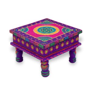 Handcrafted Wooden Pooja Chowki Chourang in Purple and Pink Color