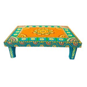 Handmade Wooden Pooja Chowki Chourang Ferozi and Peach