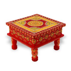 Handmade Wooden Pooja Chowki Chourang in Red and Yellow Color