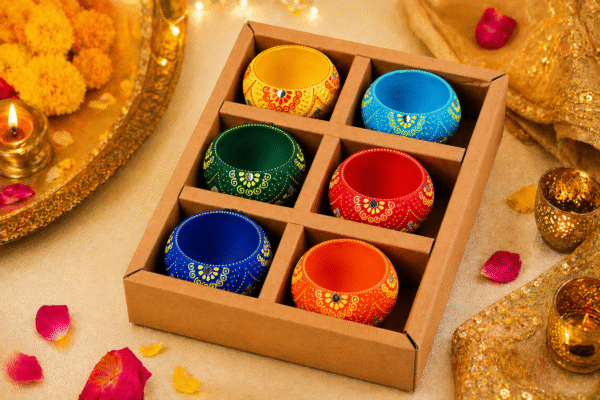 Handmade painted terracotta round diya set by DECOREER for Diwali decoration and pooja