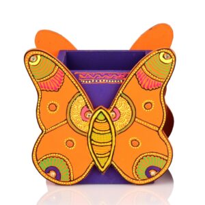 Hand Crafted Premium Wooden Butterfly Motif Pen Stand - Available in 2 Colors